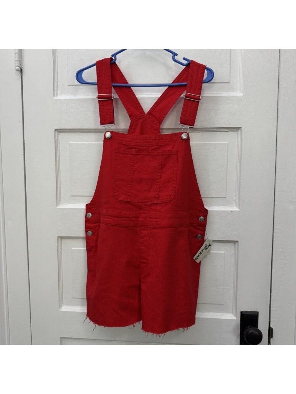 NWT No Boundaries Red Denim Shortalls Overall Shorts L 12-14 Raw Hem